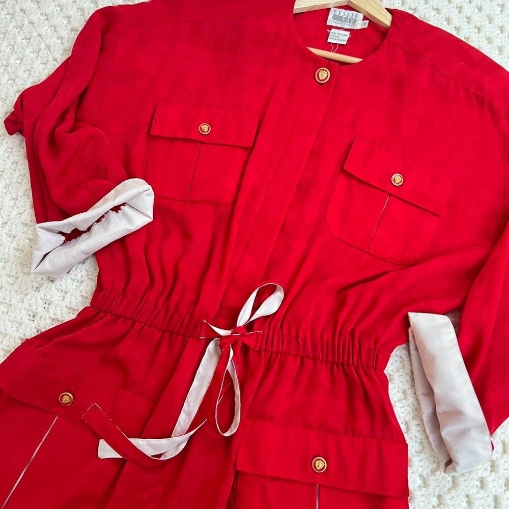 Leslie Fay Vtg Dress Holiday Red Midi Gold Preppy Button Old Money 14 Gma Santa - Picture 6 of 11